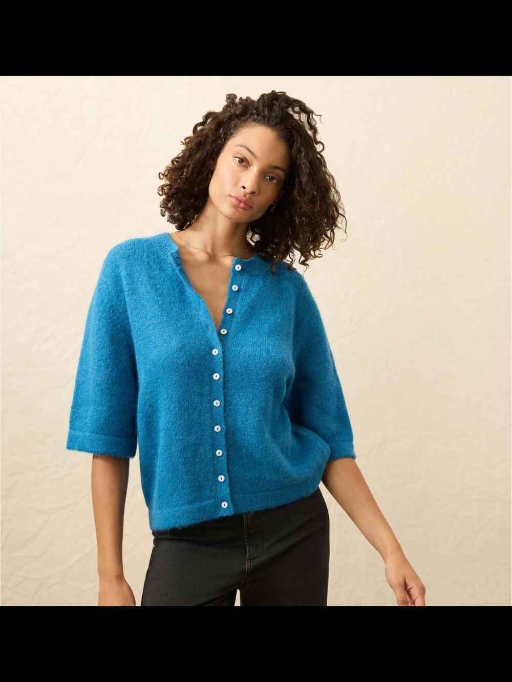 Faherty Apres Suri Alpaca Short Sleeve Cardigan Sweater Blue Size L